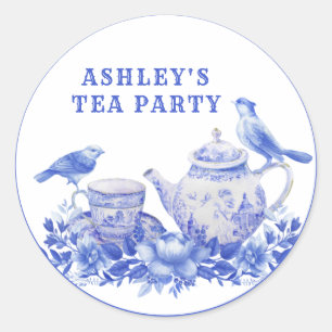 Blåvit och vit Blommigt Tea Pot med klassiska fågl Runt Klistermärke