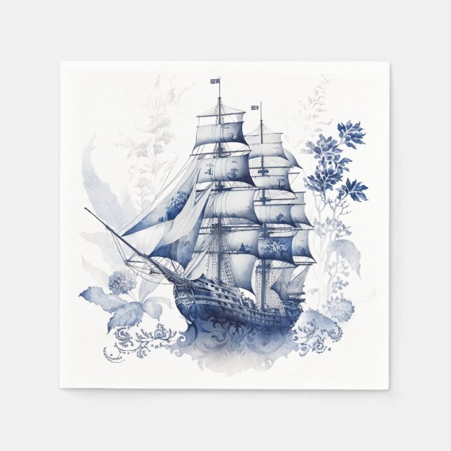 Blåvit och vit Delft stil frakt i havet Pappersservett (Framsidan)