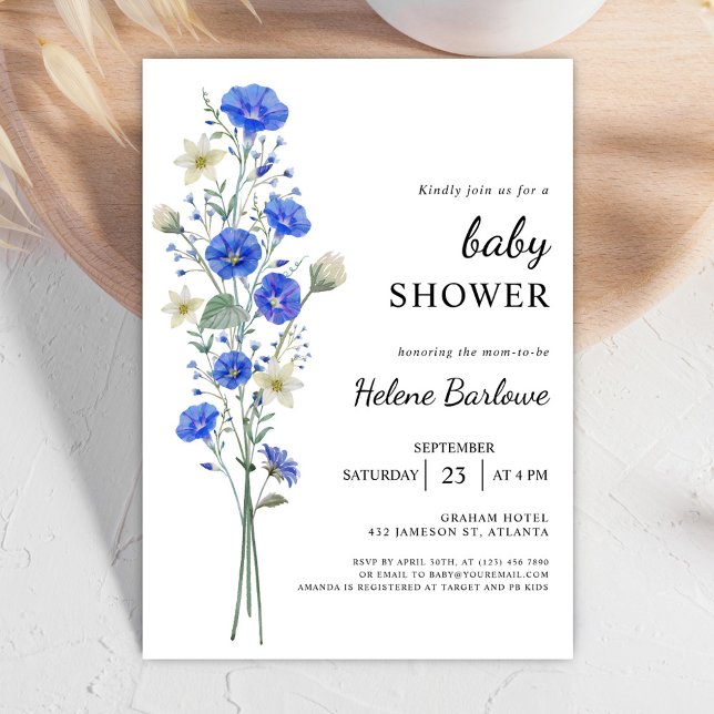 Blåvit och vit Elegant Wildblomma Baby Shower Inbjudningar (Blue And White Elegant Wildflower Baby Shower Invitation)