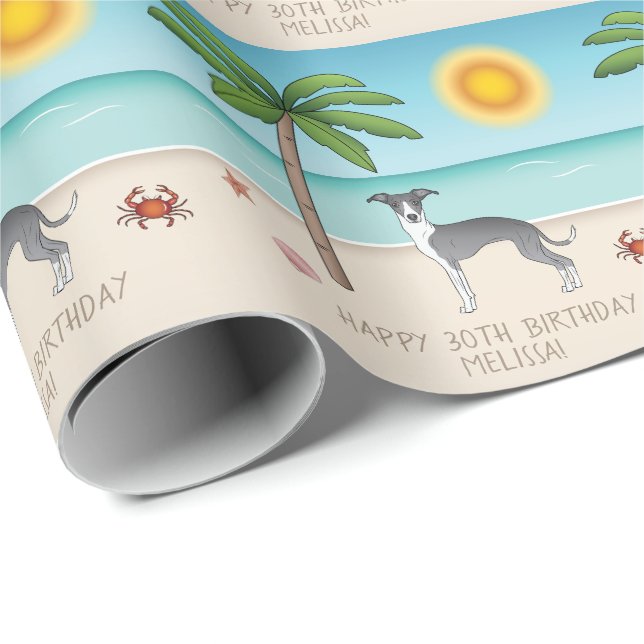 Blåvit och vit Hund vid en tropisk sommarklocka Presentpapper (Rullad Hörn)