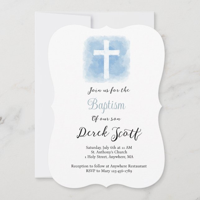 Blåvit och vit pojk-baptism-inbjudan (Framsida)