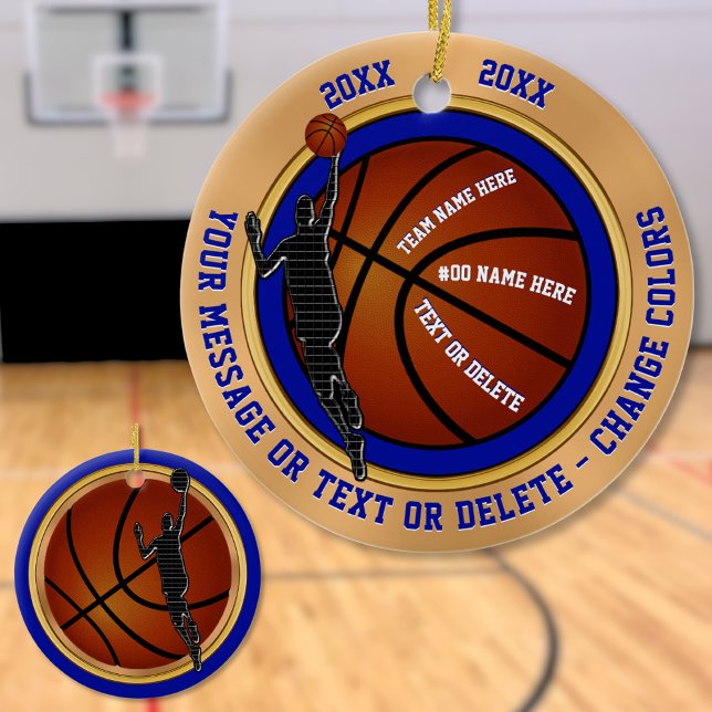 Blåvit Personlig Basketball Ornament Guld (Gifts for Basketball Boys. Basketball Ornaments. Blue and Gold. Personalized Basketball Ornaments.)