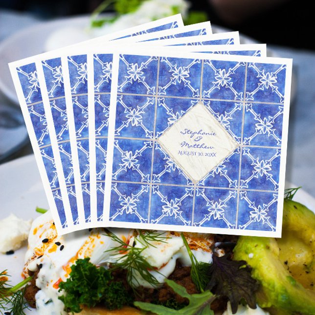 Blåvit plattan Mönster Bröllop Watercolor Rustic Pappersservett (Skapare uppladdad)