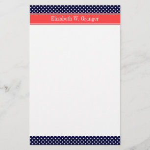 Blåvit Polka dots Coral Namn Monogram Brevpapper