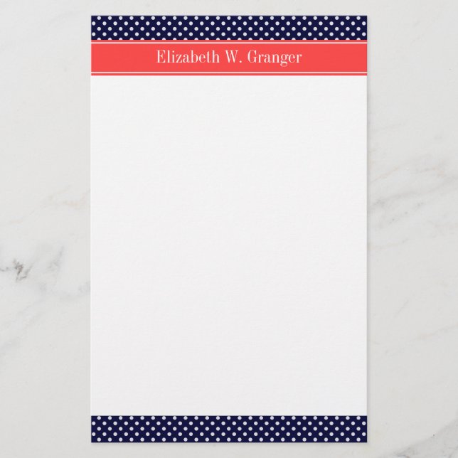 Blåvit Polka dots Coral Namn Monogram Brevpapper (Framsida)