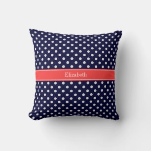 Blåvit Polka dots Coral Namn Monogram Kudde