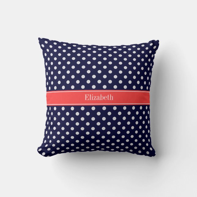 Blåvit Polka dots Coral Namn Monogram Kudde (Framsida)