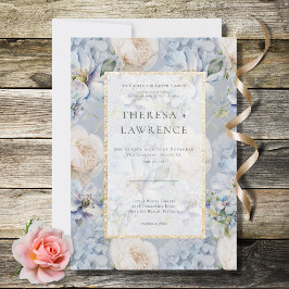 Blåvit Rustik Blommigt Guld Ram Bröllop Inbjudningar