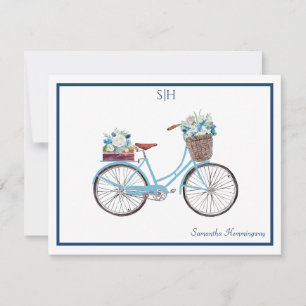 Blåvit vattenfärg Blommigt Cycle Monogram Namn Anteckningskort