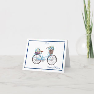 Blåvit vattenfärg Blommigt Cycle Namn Monogram Tack Kort
