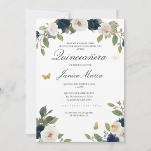 Blåvit vattenfärgad Blommigt Elegant Quinceañera Inbjudningar