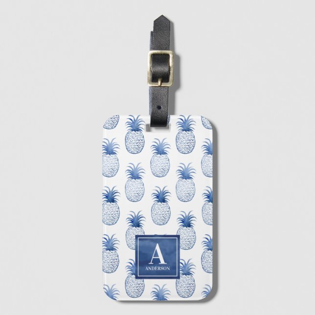 Blåvit vattenfärgsananas bagagebricka (Framsida vertikal)