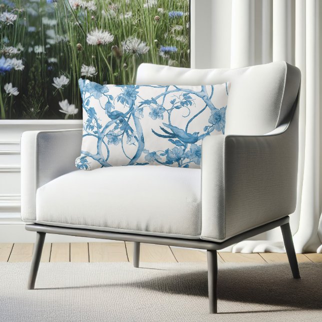 Blåvit vattenfärgsfågel i Träd Blommigt Vintage Lumbarkudde (Skapare uppladdad)