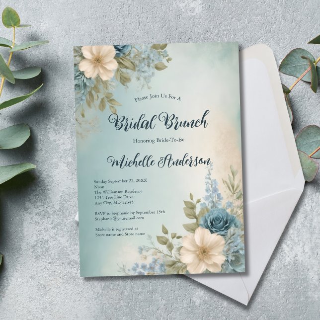 Blåvit vattenfärgsfärgad Blommigt Möhippa Brunch Inbjudningar (Blue White Floral Watercolor Bridal Shower Bridal Brunch Invitation)