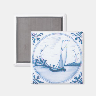 Blåvit Vintage Delft Sailboat Art Tile Magnet