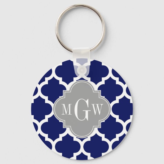 Blåvit Wht Moroccan #5 Grått 3 Initialt Monogram Nyckelring (Framsida)