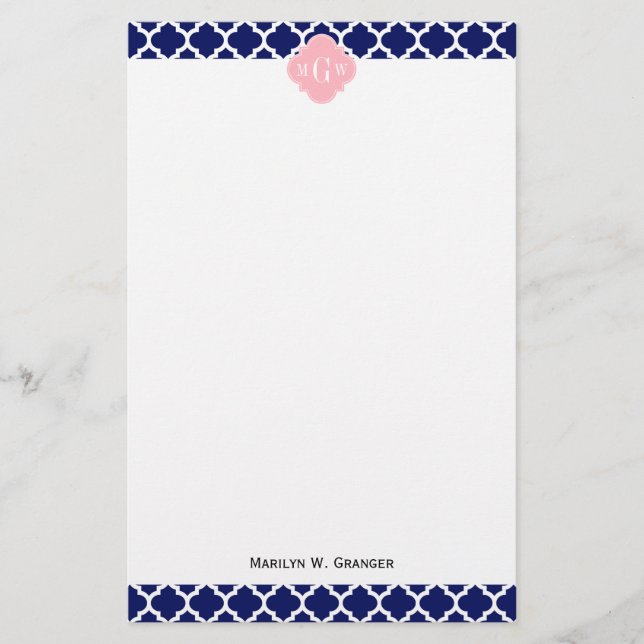 Blåvit Wht Moroccan #5 Rosa 3 Initialt Monogram Brevpapper (Framsida)