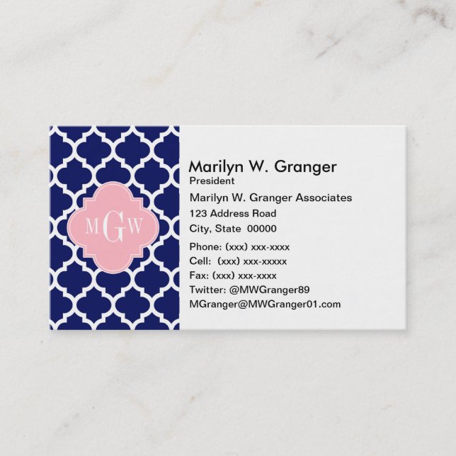 Blåvit Wht Moroccan #5 Rosa 3 Initialt Monogram Visitkort (Framsida)
