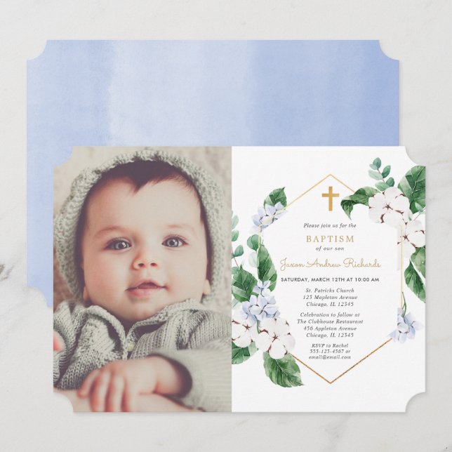 Blåvita blommigtar i vår guld-pojkens baptism foto inbjudningar (Fram/baksida)