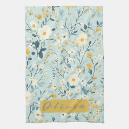 Blåvita blommor av vibrant grönt gult kökshandduk