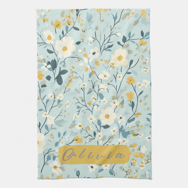 Blåvita blommor av vibrant grönt gult kökshandduk (Vertikal)