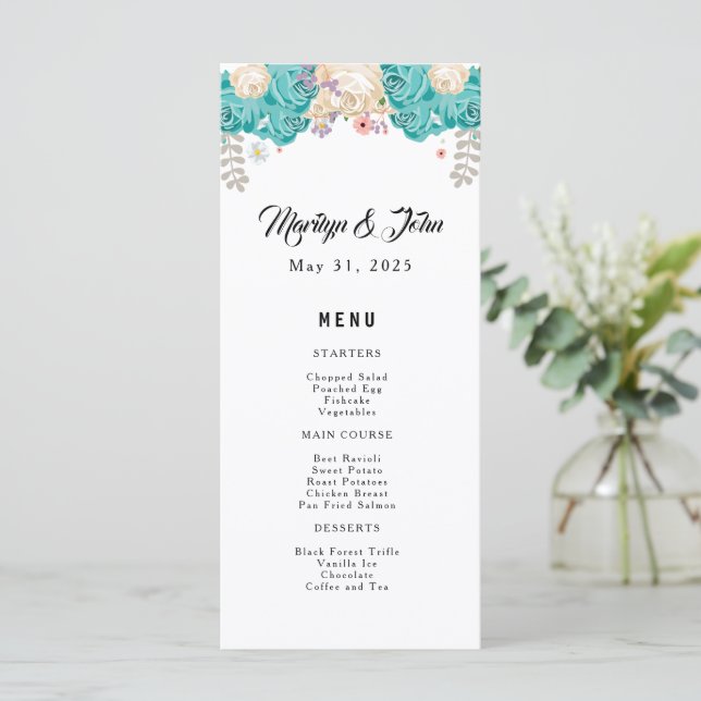 Blåvita blommor i elegant bröllop Blommigt Meny (Stående Fram)