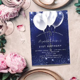 Blåvita glitter-ballonger i födelsedagsfest inbjudningar