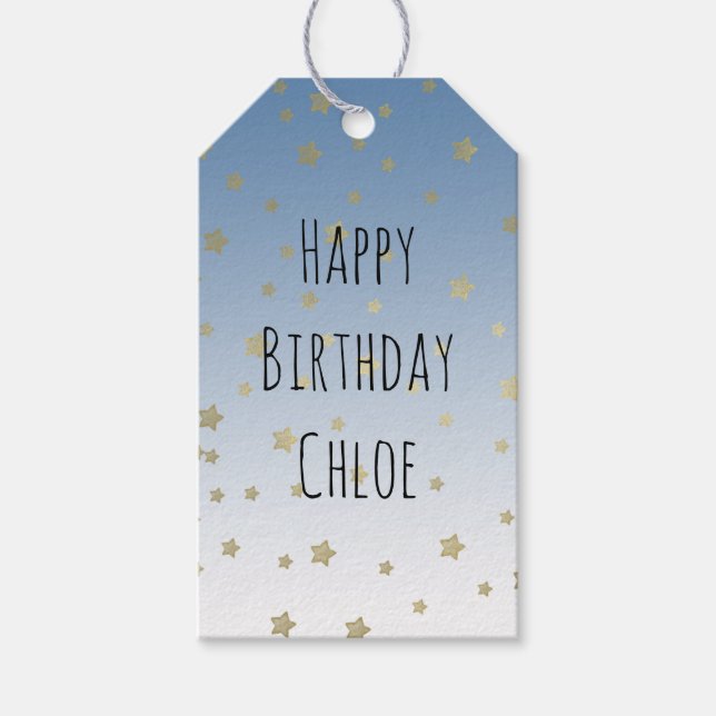 Blåvita Guld Stars Birthday Presentetikett (Framsidan)
