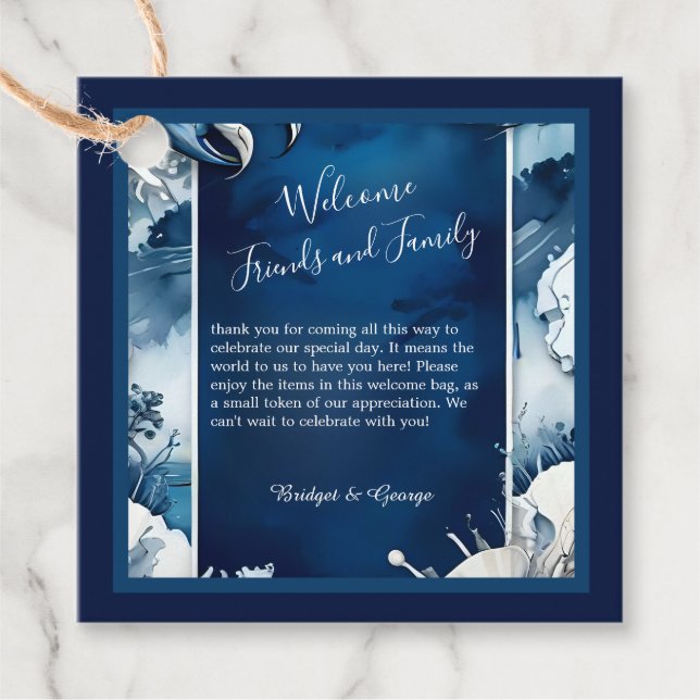 Blåvita och vita märkre för kustvibbröllop gåvor etiketter (Framsida)