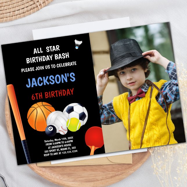 Blåvita sporter, födelsedagsinbjudningar med foto inbjudningar (Blue White Sports Birthday Invitations with photo)