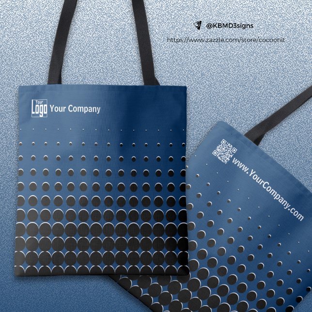 Blåvita svarta svarta prickar i Logotyp Namn Tygkasse (Company Logo Name QR-Code Blue Black White Dots Tote Bag)