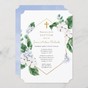 Blåvita vår-blommigtar, guld gosse inbjudningar