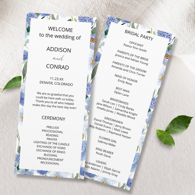 Blåvitaktig vattenfärg Botaniska Bröllop Program (Skapare uppladdad)