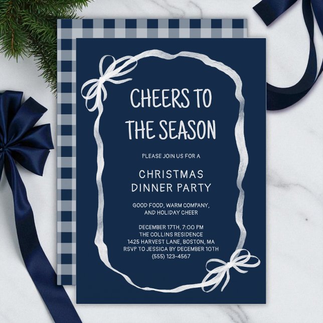 Blåvitsisk Hand plockade-julmiddag Party Inbjudningar (Blue Whimsical Hand Drawn Christmas Dinner Party Invitation)