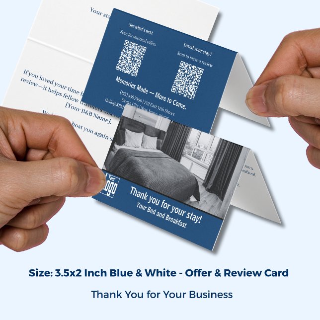 Blåvitt B&B-Tack-mappat kort (Reviews Offer Blue&White B&B Thank You Folded Card; Size: 3.5x2 Inch)