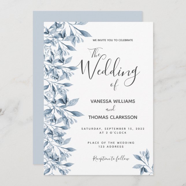 Blåvitt botaniskt skript bröllop inbjudningar (Fram/baksida)