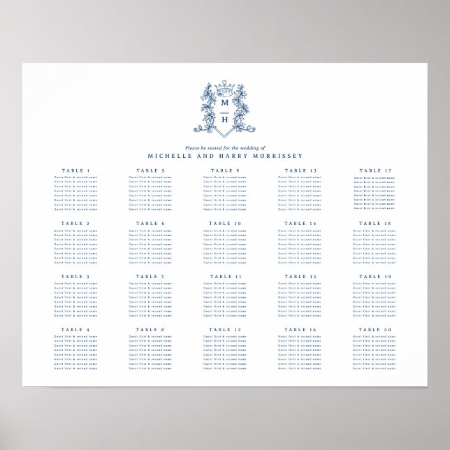 Blåvitt hjärta krona bröllop 20 bord poster (Framsidan)