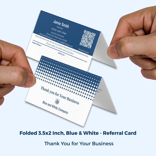 Blåvitt, mappat kombinerat referenskort för Tack Kort (Blue White Folded Combined Thank You Referral Card; Size: 3.5x2 Inch)
