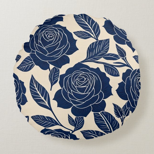 Blåvitt och benvitt styliserat Ro Rund Kudde (Framsidan)