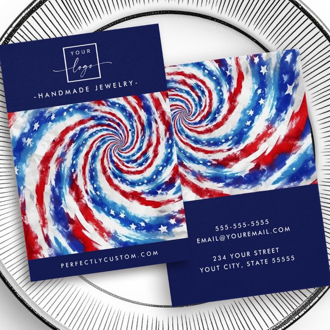 Blåvitt, rödfärgat snurrande visning visitkort (Blue white red tie dye swirl earring display card)