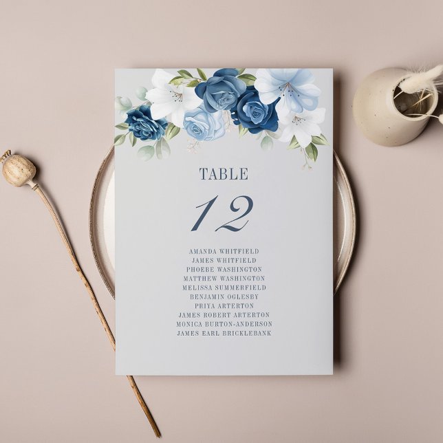 Blåvitt sittplatskort för Bröllop i Blommigt Inbjudningar (Dusty Blue Floral Wedding Reception Table Number Card)
