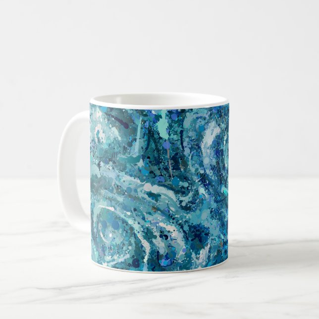 Blåvitta Teal Sea Vinkarare Stänk Abstraction Kaffemugg (Framsida vänster)