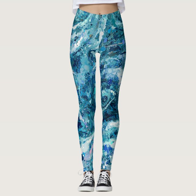 Blåvitta Teal Sea Vinkarare Stänk Abstraction Leggings (Framsida)