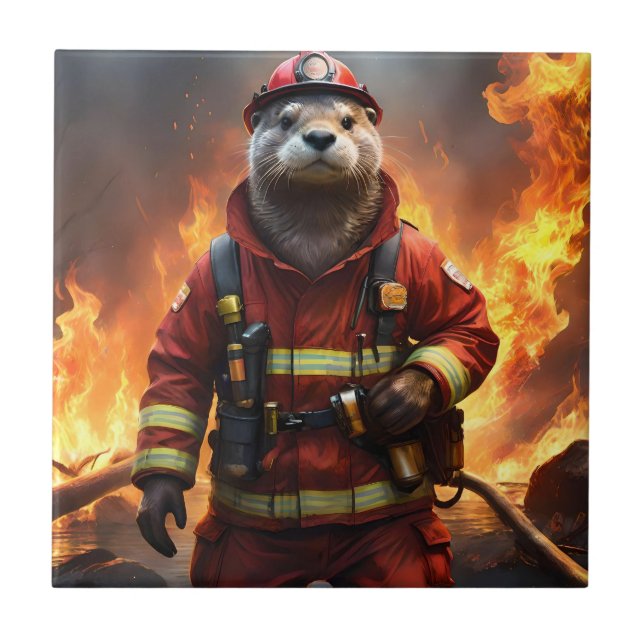 **"Blazing Bravery: Otter Firefighter"** Kakelplatta (Framsidan)