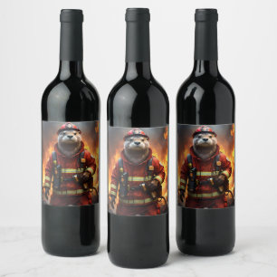 **"Blazing Bravery: Otter Firefighter"** Vinflaska Etikett