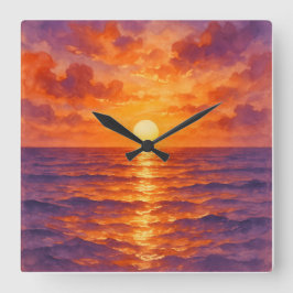 Blazing Sunset - Vibrant Watercolor Painting Style Fyrkantig Klocka