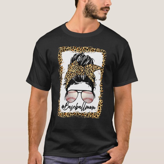 Bleached Baseball Mamma Leopard Messy Bun Game Day T Shirt (Framsida)