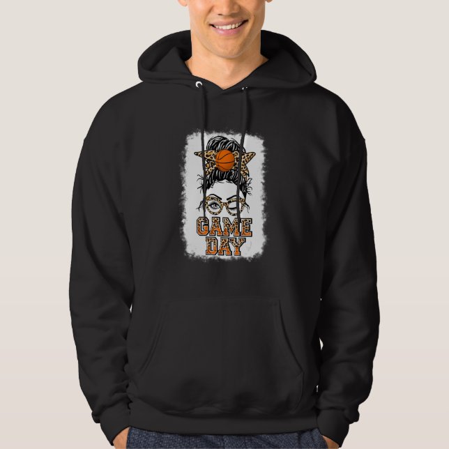 Bleached Basketball Mamma Messy Bun Game Day Vibes Hoodie (Framsida)