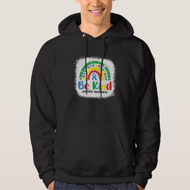 Bleached Be Kind Rainbow Blue Ribbon Autism Awaren Hoodie (Framsida)