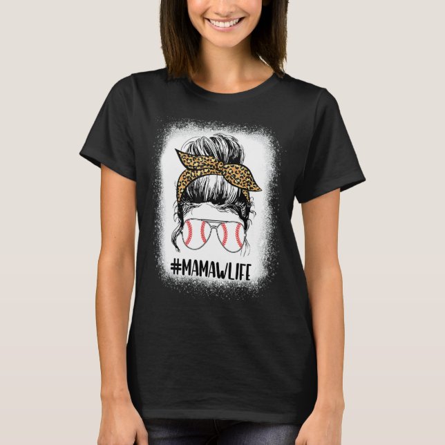 Bleached Boll Mamaw Life Messy Bun Leopard Skriv u T Shirt (Framsida)